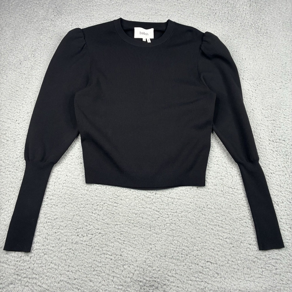 BA&SH Bash Lady Pullover Sweater Womens XS Black Puff Sleeve Cropped Knit